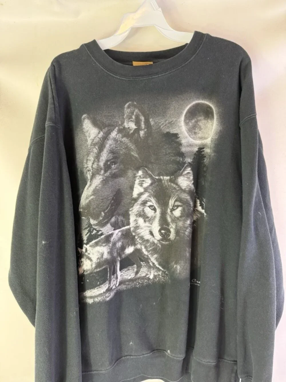 Vintage 90s Nature Crewneck Sweatshirt Wolves Moon Faded Streetwear